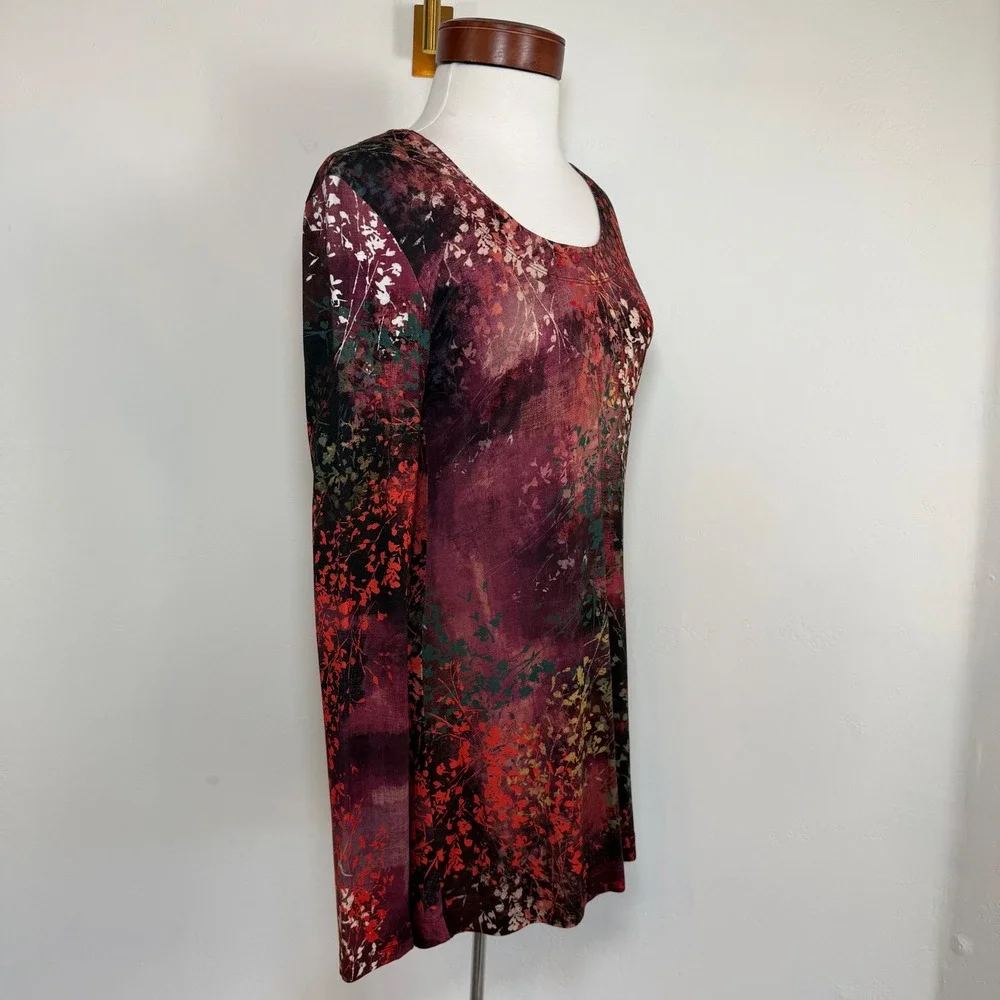 Peruvian Connection Floral Print Tunic Dress Burgundy Small Boho Art To Wear - Picture 6 of 13
